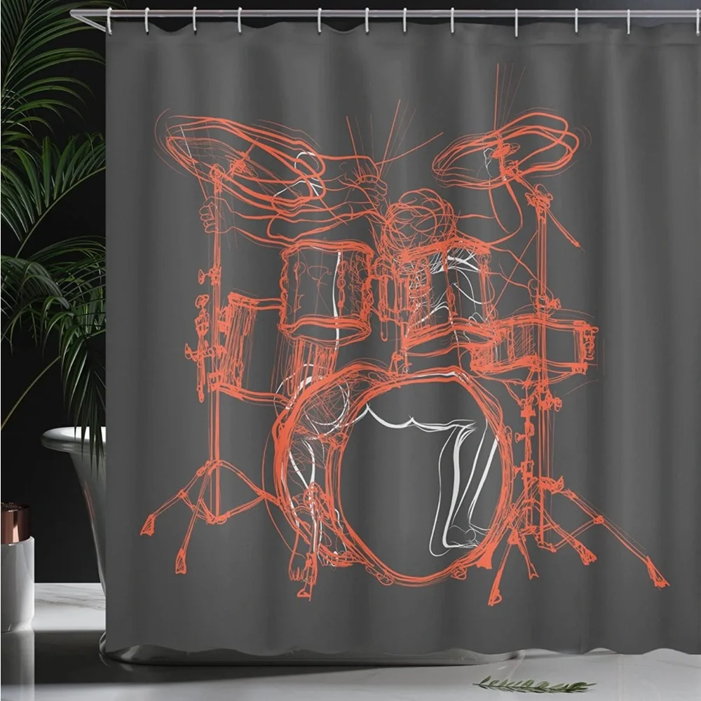 Rock Music Shower Curtain, Drummer Musical Cloth  Set with Hooks, 69